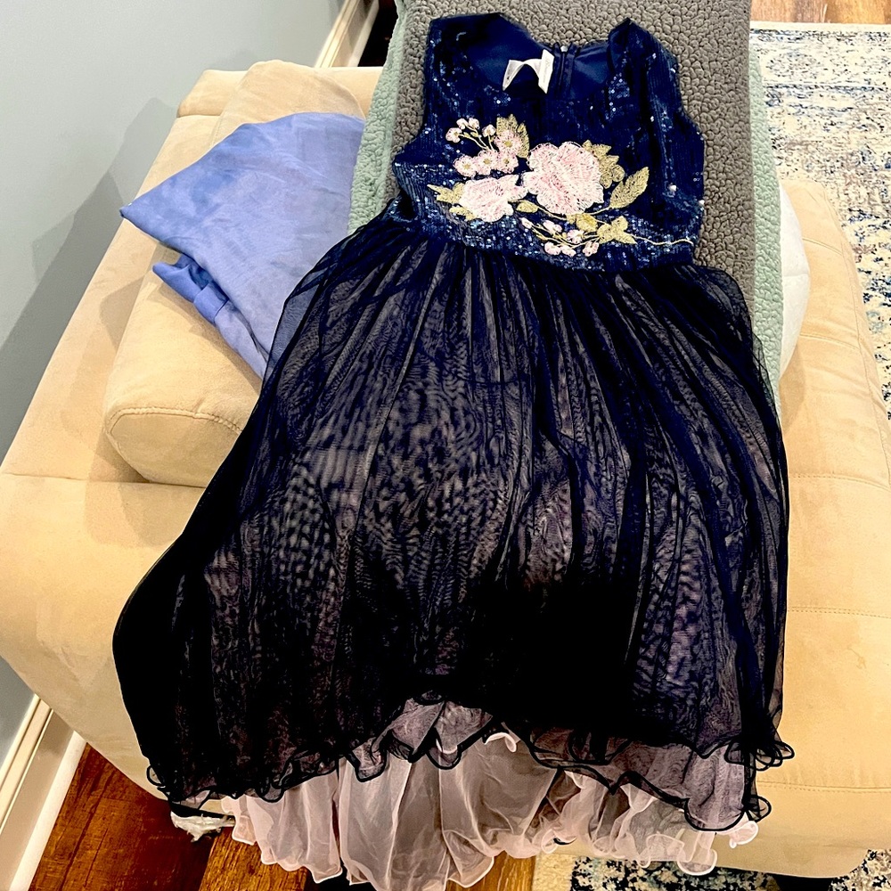 Navy Blue/pink sequin dress tiered in front with longer taper in back